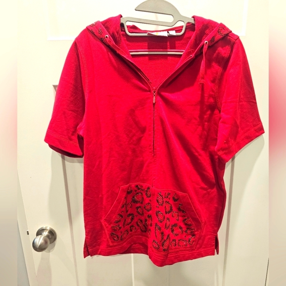 Quacker Factory Red Rhinestone Zip Hoodie Top M Floral Hood A225701